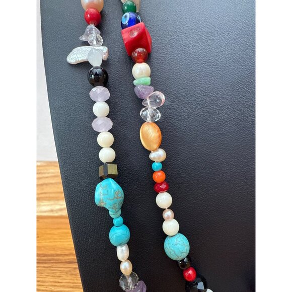 Colorful Multi-Stone Beaded Necklace With Turquoise Crystal & Pearl Beads - Picture 3 of 4